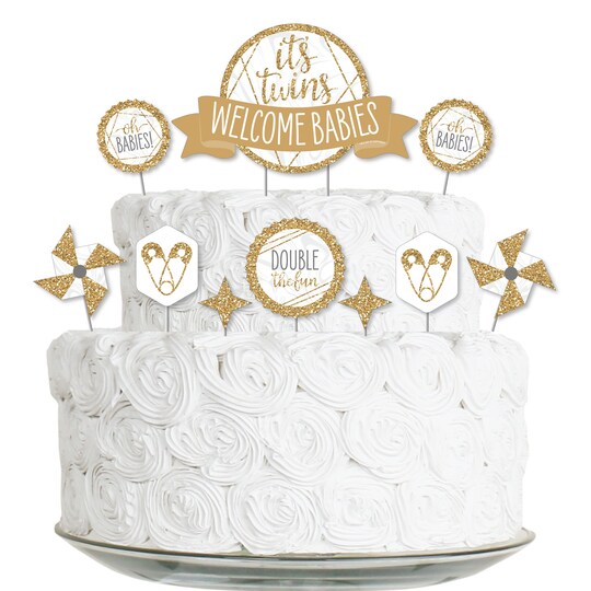 Big Dot of Happiness It's Twins - Gold Twins Baby Shower Cake Decorating Kit - Welcome Babies Cake Topper Set - 11 Pieces